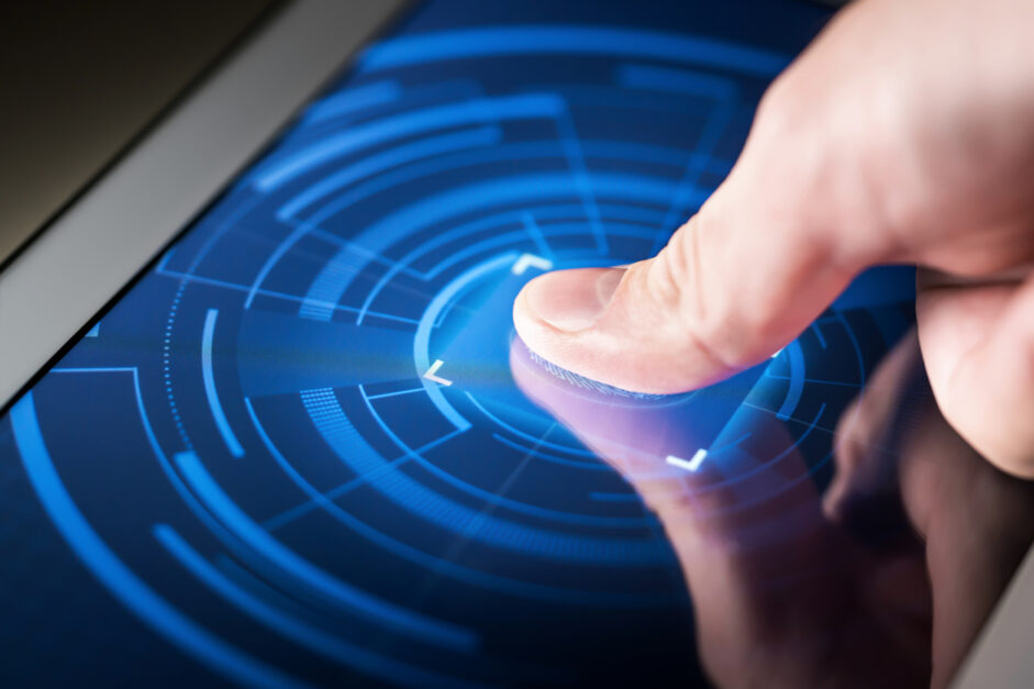 Fingerprint scanner on smart electronic screen. Digital security system technology. High tech biometric cyber protection for online data, identity and information. Biometric privacy act in new york